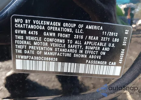 2013 Volkswagen Passat 2.5L Se из США, поврежденный, VIN 1VWBP7A38DC066626